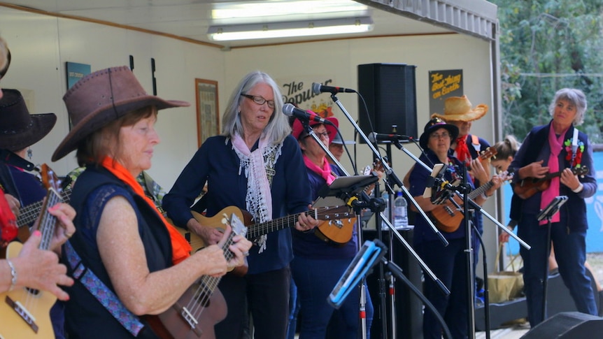 A group of women dressed in navy clothing perform country music.