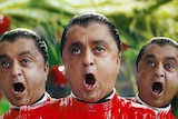 Three versions of Deep Roy singing in Charlie and the Chocolate factory.