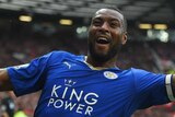 Wes Morgan celebrates equaliser for Leicester City against Manchester United