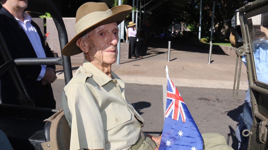 Former Sergeant John Moyle, 97, who fought in World War II,  participates in Darwin's Anzac Day parade.