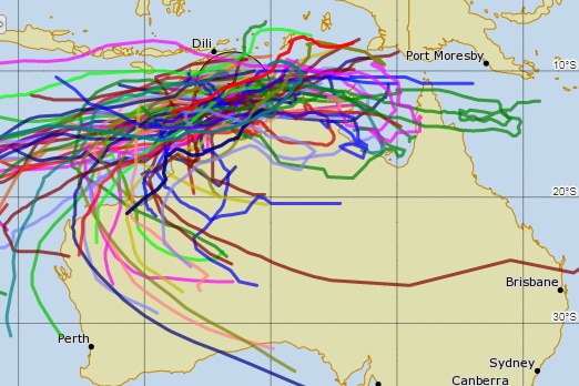 Southern Hemisphere tropical cyclone data map of Timor Sea.