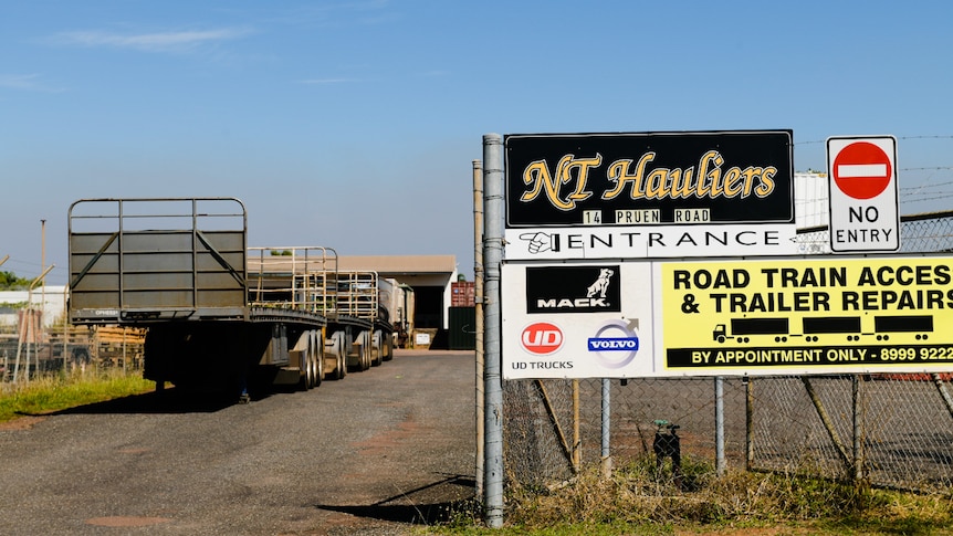 The entrance to the business NT Hauliers in Berrimah, where the body of a truck sits in the driveway.