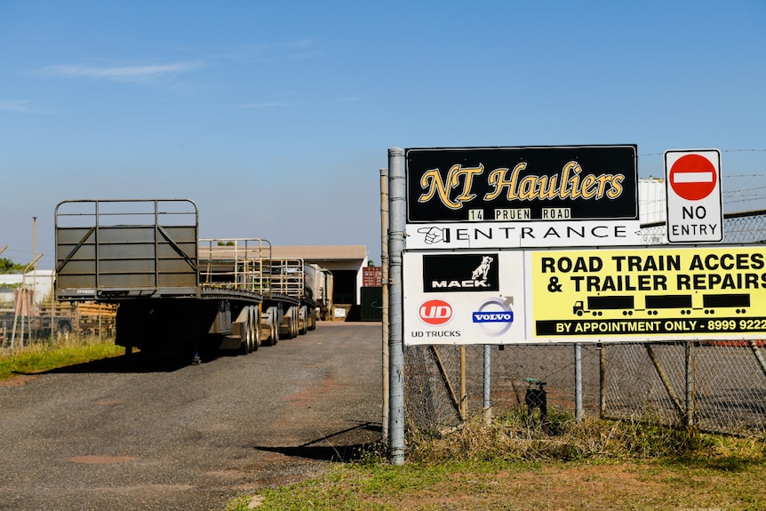 The entrance to the business NT Hauliers in Berrimah, where the body of a truck sits in the driveway.