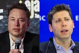 A composite of two images: One of Elon Musk in a suit speaking to a microphone, and one of Sam Altman speaking to a microphone