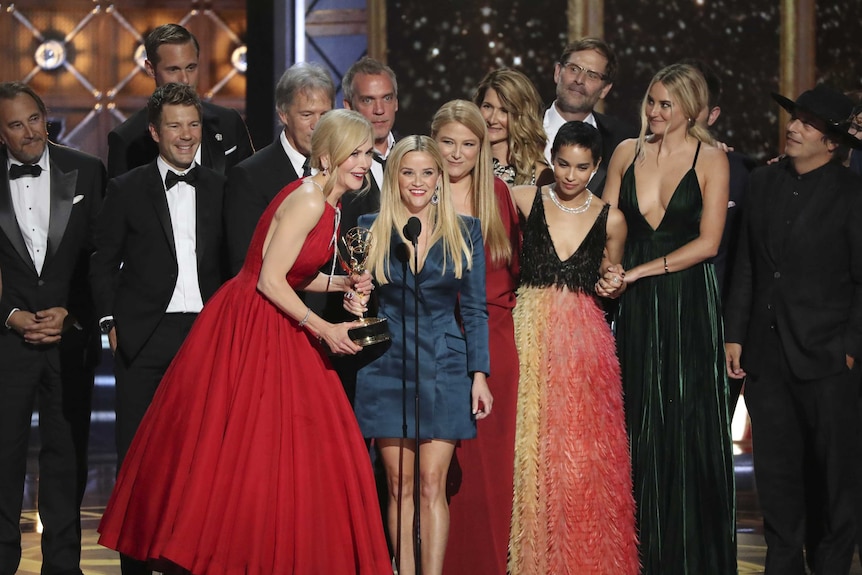 Nicole Kidman and Reese Witherspoon accept the award for Outstanding Limited Series to Big Little Lies at the Emmys.