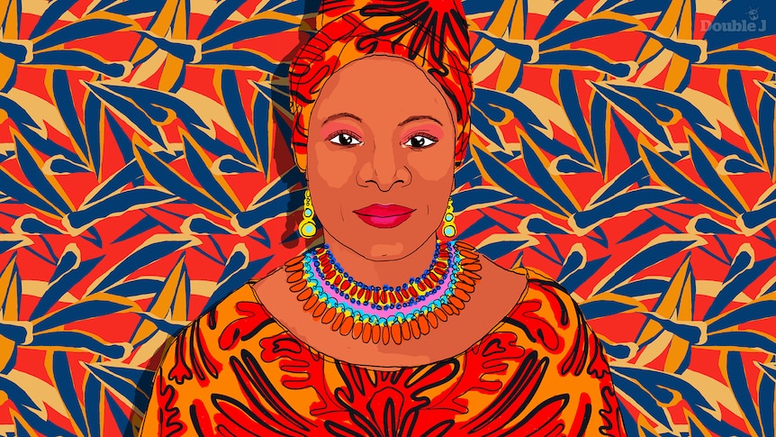 A colourful portrait of Angelique wearing an orange headdress and top amd mutli-coloured beads.