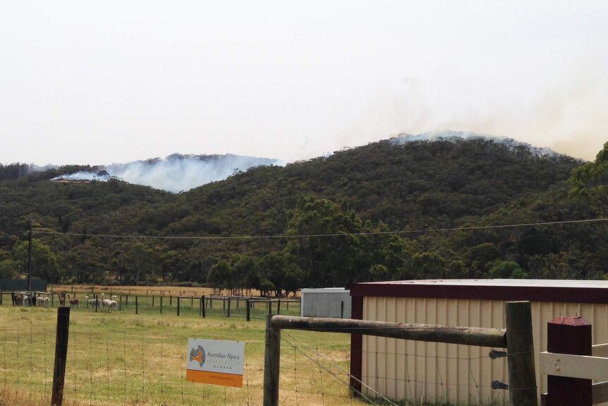 A bushfire burns near properties in the hills at Kyeema.