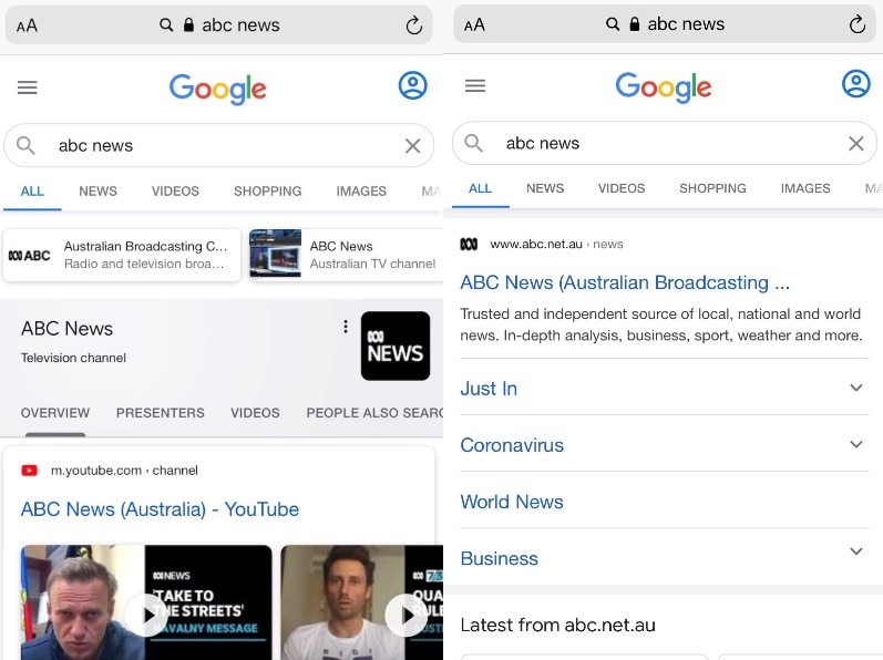 A screenshot of two Google searches for ABC news side by side that show on the left the website was hidden in the search