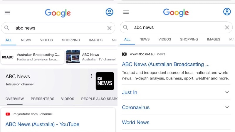 A screenshot of two Google searches for ABC news side by side that show on the left the website was hidden in the search