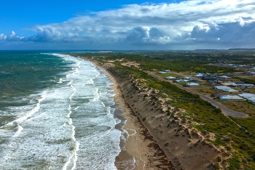 An aerial shot of Sunset Beach in Geraldton and the erosion happening 