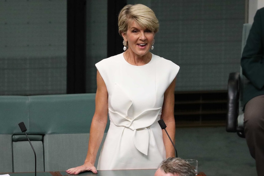 Julie Bishop, standing and smiling, speaks to Parliament while wearing a white dress.