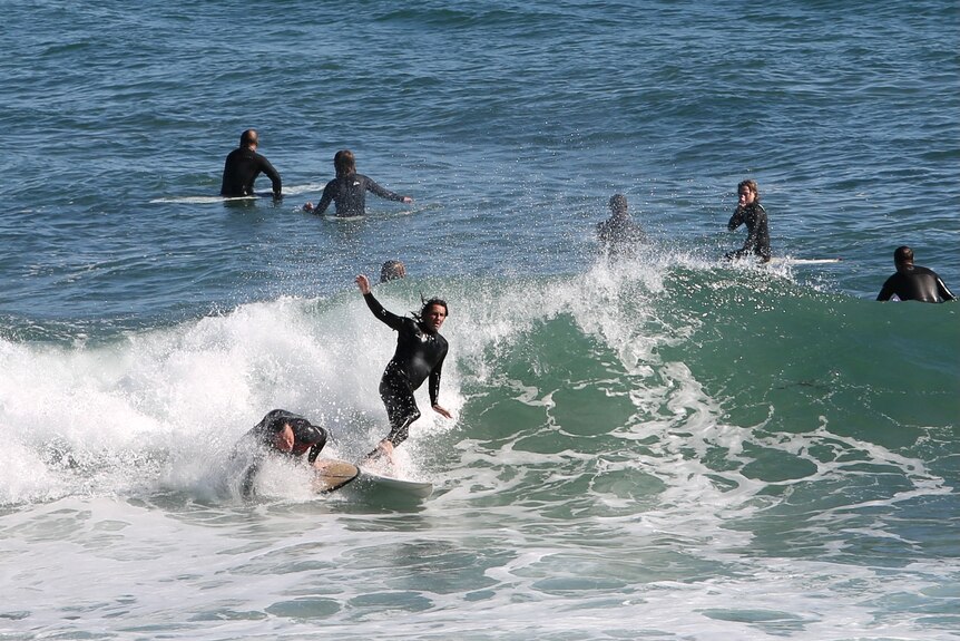 A group of surfers in the water with one riding a wave.