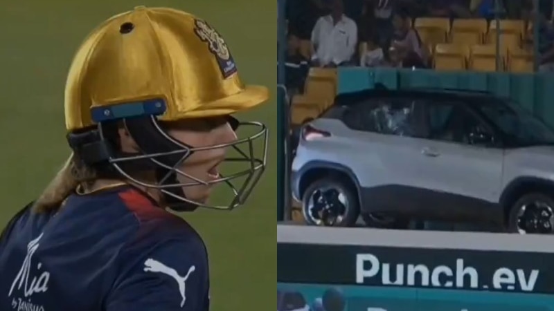 Ellyse Perry puts a six through the window of a car in the stands in Twenty20