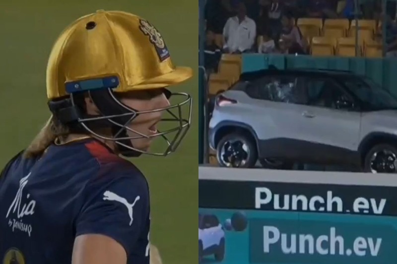 Composite image of Ellyse Perry mouth agape and a car with a smashed window.