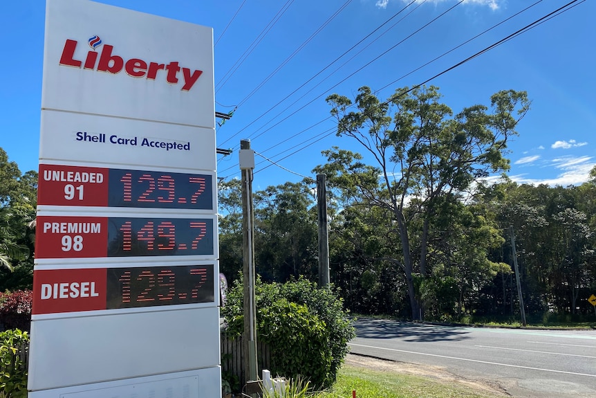 A sign showing the price of fuel at a Sunshine Coast petrol station