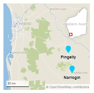 A map of WA with Pingelly and Narrogin highlighted.