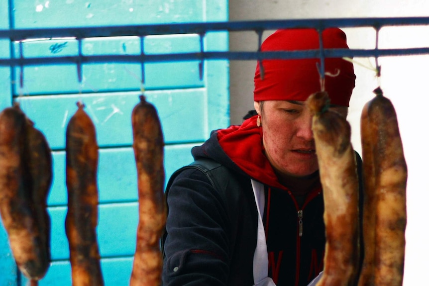 Horse meat sausages at Bishtek's Osh Bazaar