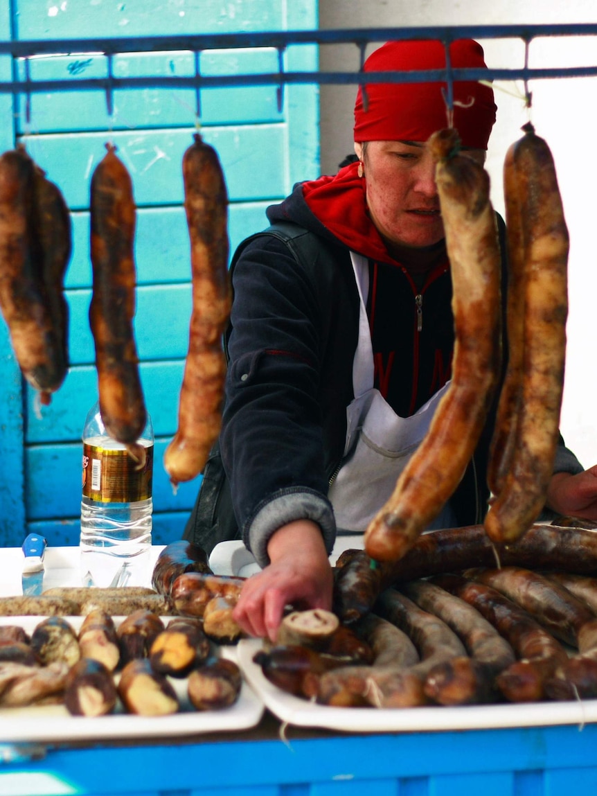 Horse meat sausages at Bishtek's Osh Bazaar