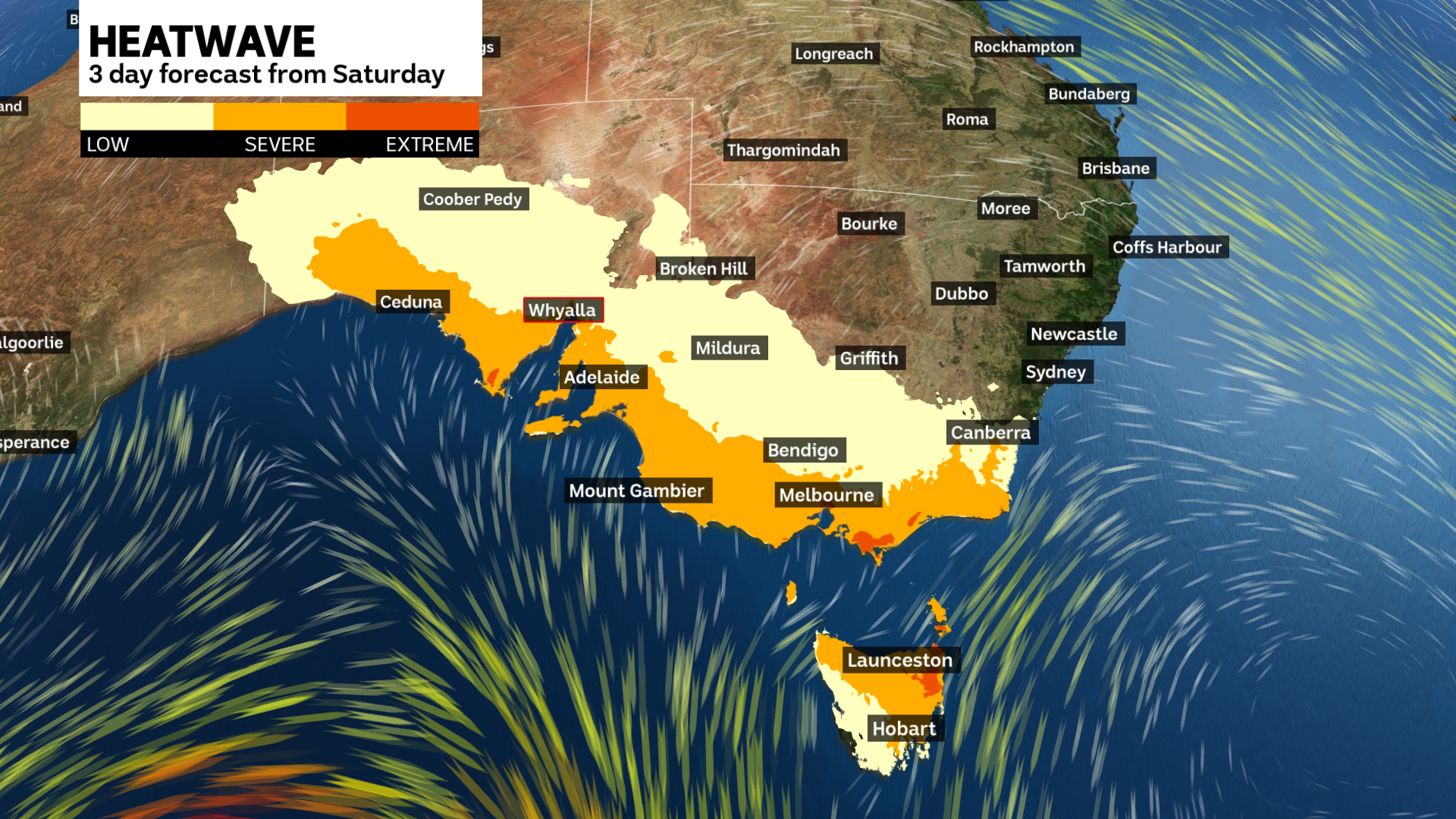 weather map showing Severe heatwave thresholds are being met across parts of southern Australia from Saturday to Monday