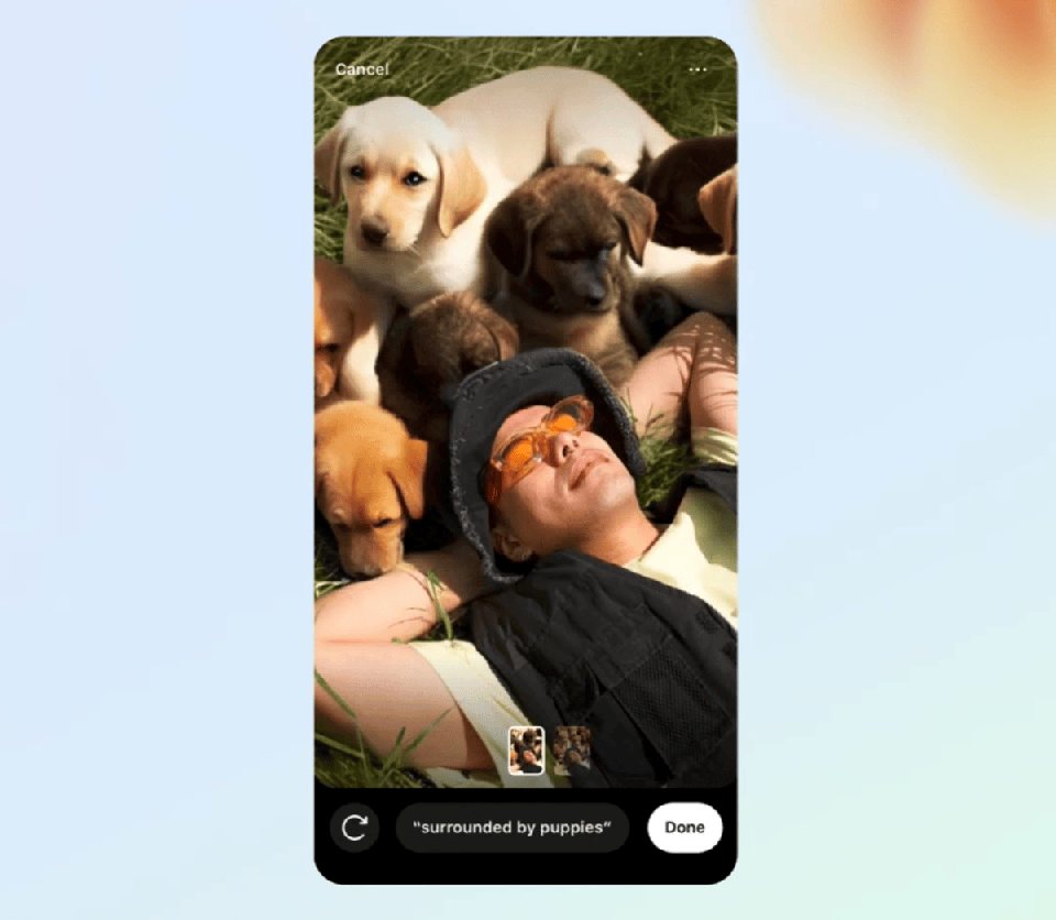 An animated gif of a phone screen showing a man lying on grass, before the image background is replaced with puppies.