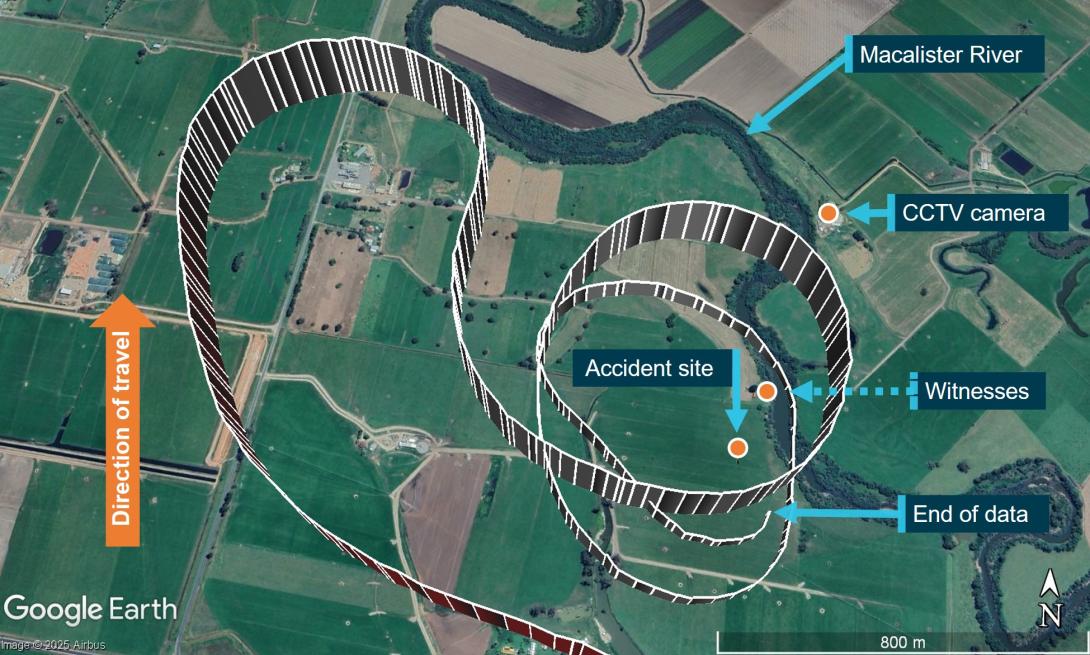 Un mapa de la ATSB que muestra varios giros a la izquierda realizados por un pequeño avión antes de estrellarse.