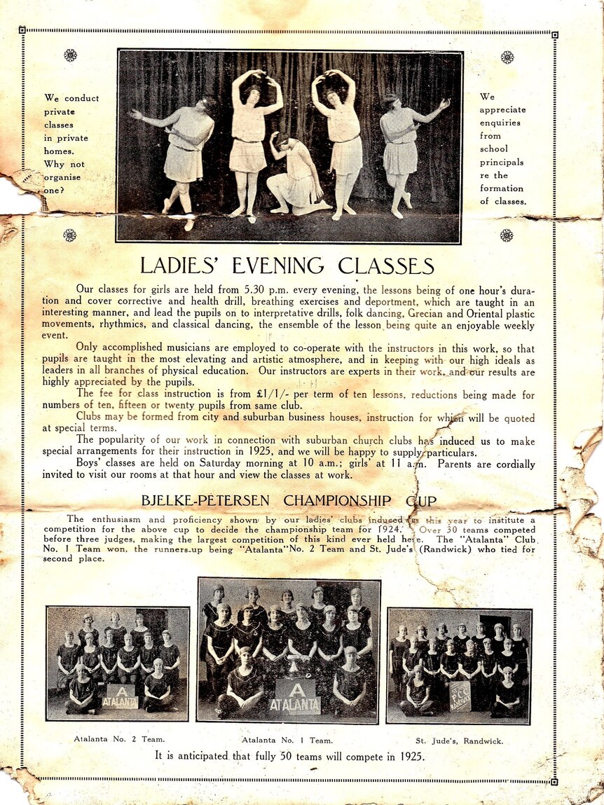 A black and white page from a physical culture program in 1924, with photos of women in tunics dancing and in groups.