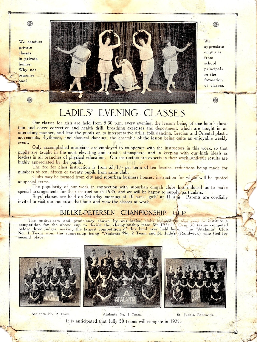 A black and white page from a physical culture program in 1924, with photos of women in tunics dancing and in groups.