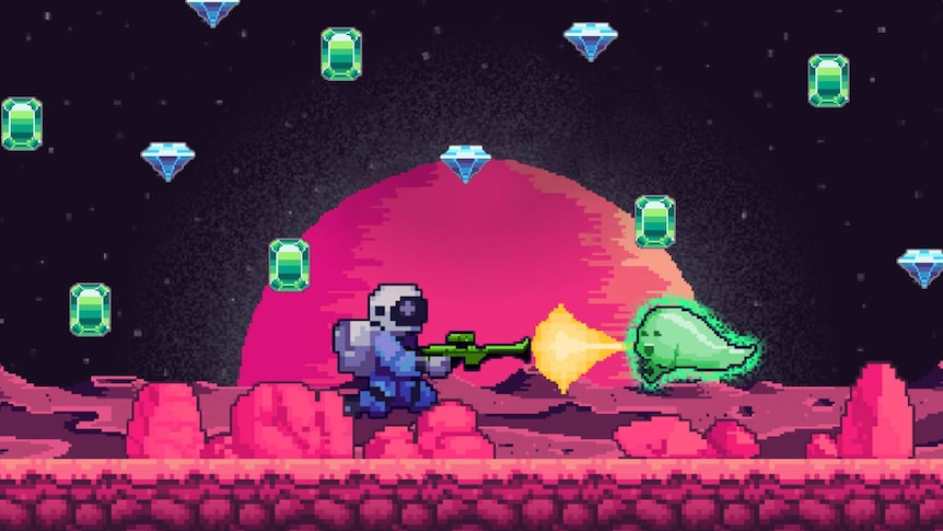 Pixel art showing a spacesuited character blasting a gun at an alien on a strange planet surrounded by gems.