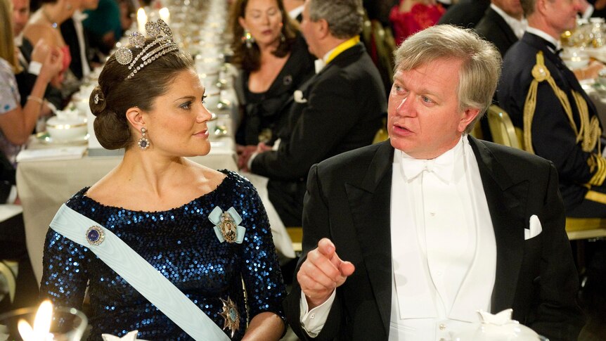 Professor Schmidt with Swedish Crown Princess Victoria at the Nobel banquet last night.