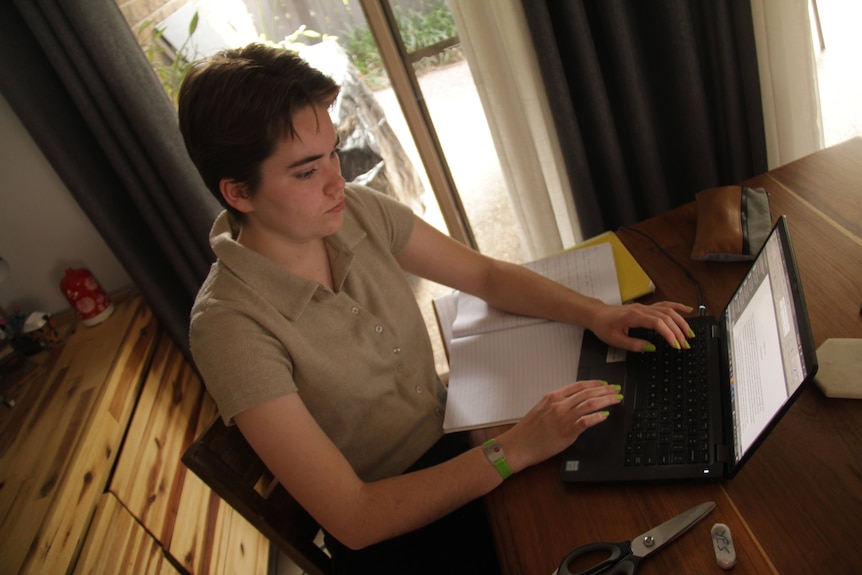 A girl sits in a room with natural light working on her laptop.