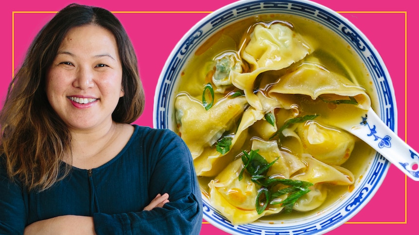 Hetty McKinnon with a bowl filled with potato and bok choy wontons and soup, vegetarian comfort food.