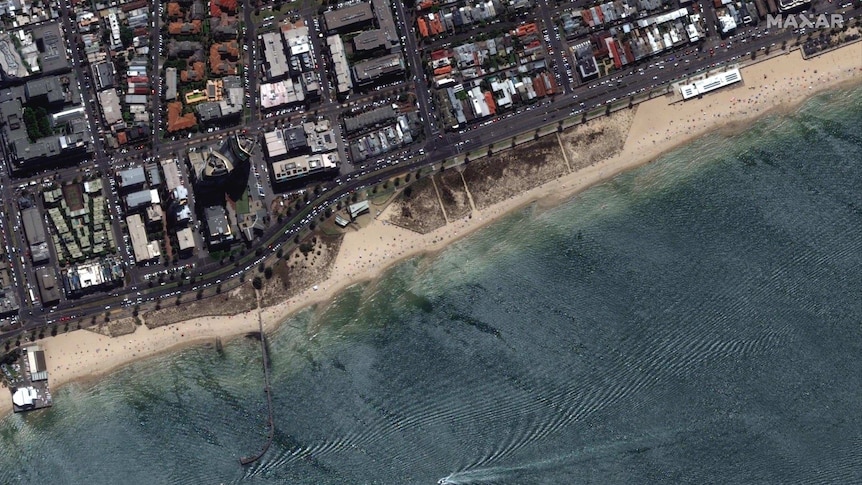 A satellite image of a busy beach in South Melbourne after lockdown restrictions eased in Melbourne
