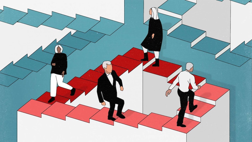 An illustration of older workers walking on a staircase that is never ending