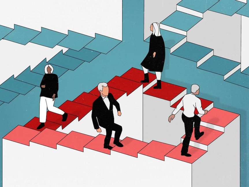 An illustration of older workers walking on a staircase that is never ending