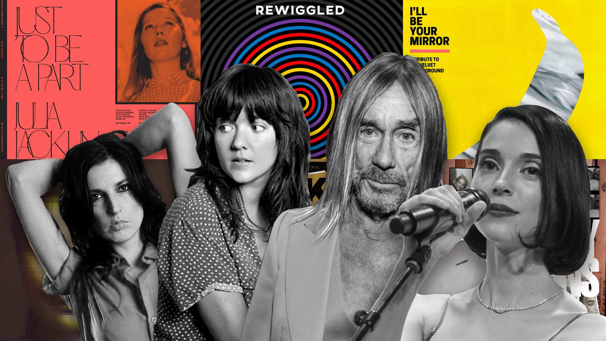 A collage of Adalita, Courtney Barnett, Iggy Pop and St Vincent in front of album covers