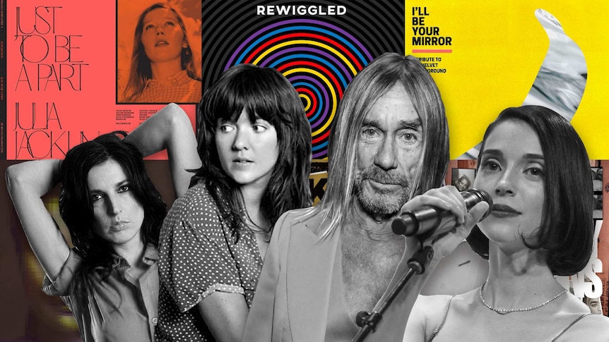 A collage of Adalita, Courtney Barnett, Iggy Pop and St Vincent in front of album covers