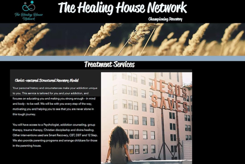 Screenshot of the healing house website with black background and white writing and an image that says Jesus Saves