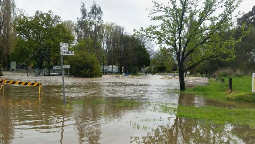 Road underwater at Myrtleford in Victoria's north-east