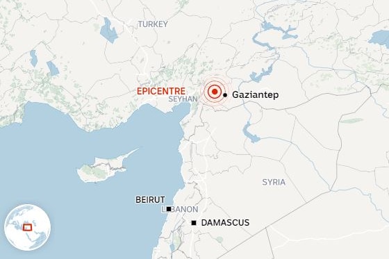 Map showing location of earthquake near Gaziantep, Turkey