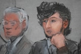 Accused Boston Marathon bomber Dzhokhar Tsarnaev (R) shown in a courtroom sketch