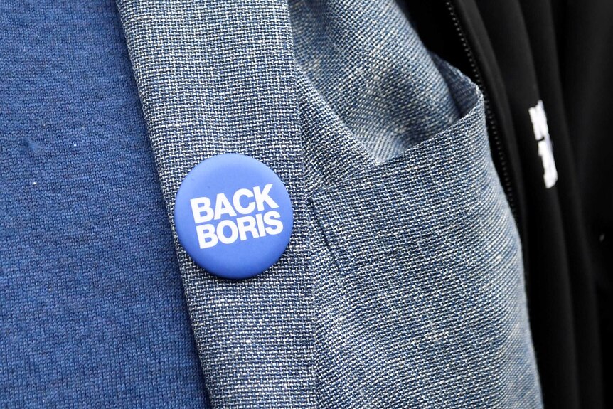 A 'Back Boris' badge is seen on a grey blazer close-up.