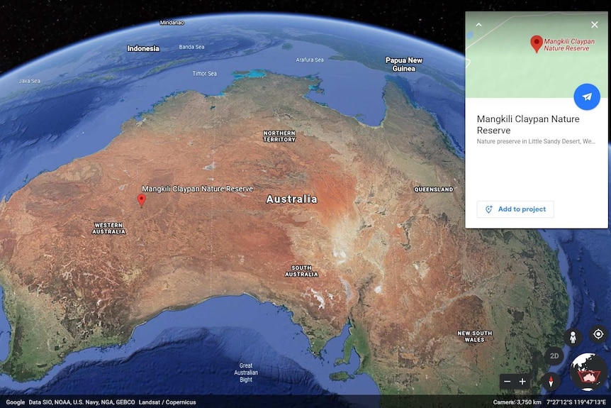 A shot of Google Earth with the Mangkili Nature Reserve in Western Australia pinned on the map of Australia.