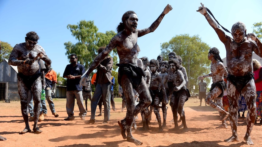 Indigenous dancers perform a Welcome to Country dance at swearing-in of West Daly Regional council.