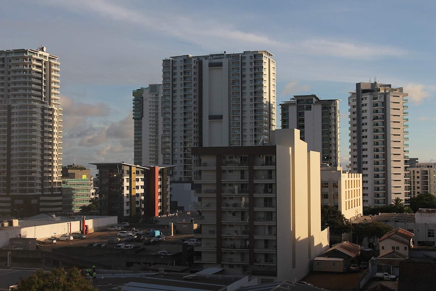 A photo of inner-city apartment buildings in Darwin at sunrise.