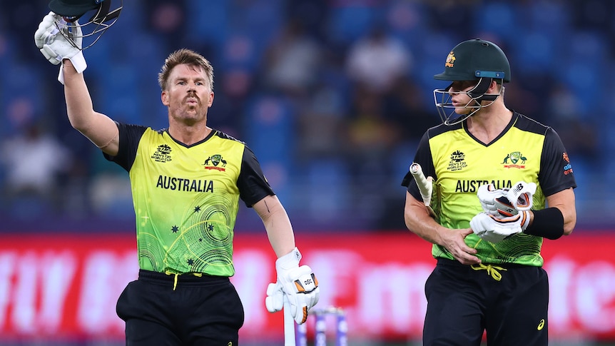 David Warner holds his helmet in the air and gestures to the crowd as he walks alongside Steve Smith