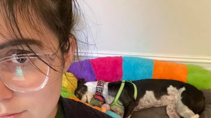 A woman wearing glasses takes a selfie at her desk while her dog sleeps behind her.