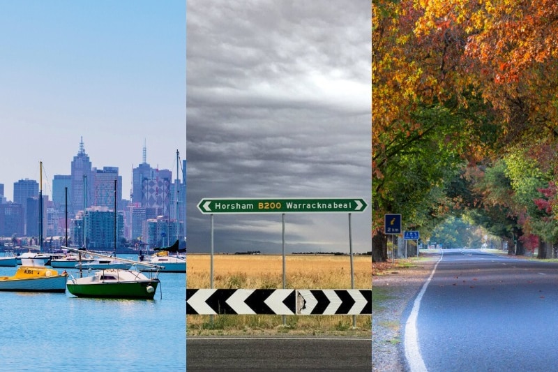 A composite image of boats in front of Melbourne's skyline, a Horsham sign in front of wheatfields and autumn trees in Bright.