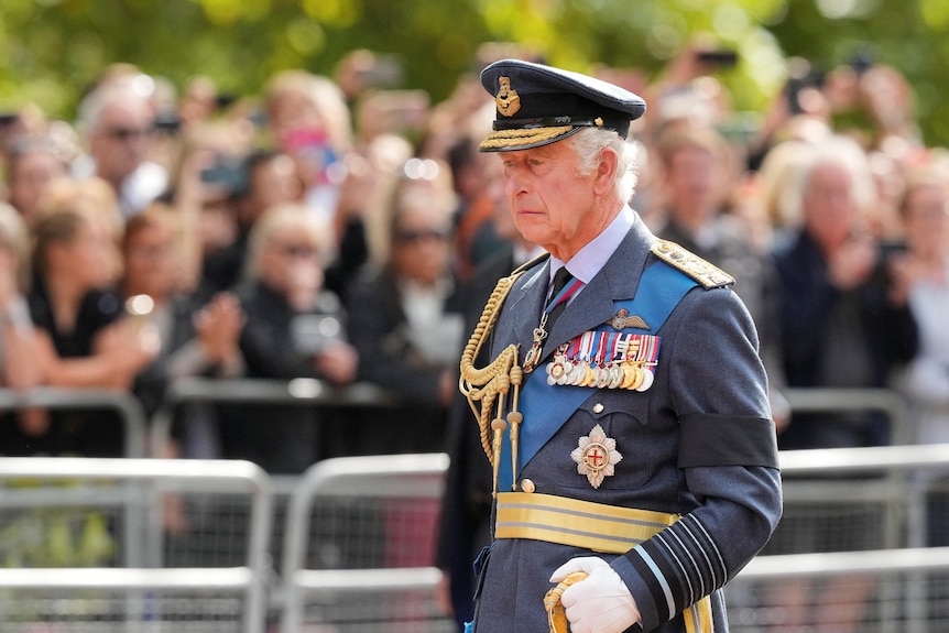 King Charles III walks in the procession. 