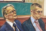 A court sketch of Wayne LaPierre (wearing glasses and black tie) and John Frazer (wearing glasses and maroon tie).