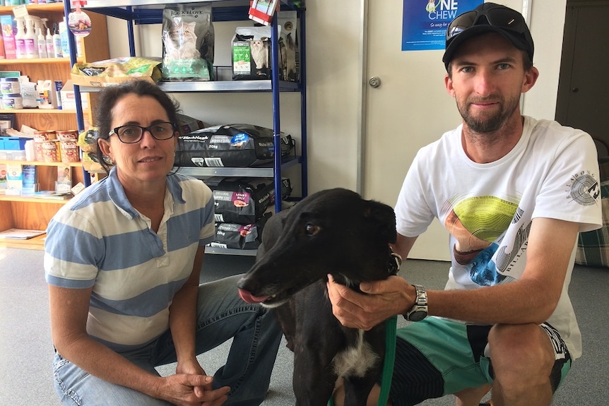 Vet Liz Brown with Chloe the greyhound and her owner Dean Casey.